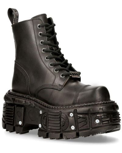 New Rock Leather Combat Platform Boots- Tank083-C1 - Black