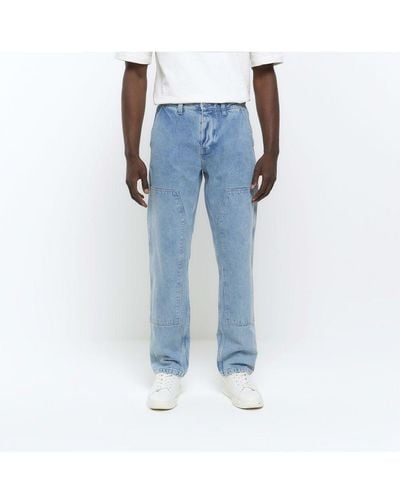 River Island Carpenter Jeans Blue Relaxed Loose Fit Cotton