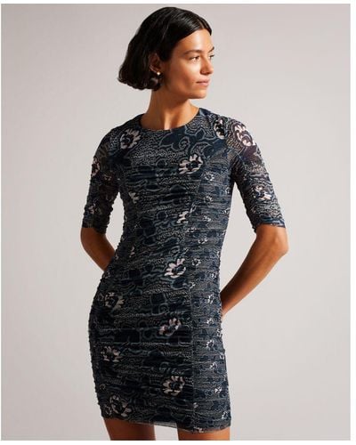 Ted Baker Velvit Bodycon Dress With Ruching And Ties - Blue