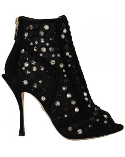 Dolce & Gabbana Crystals Heels Zipper Short Boots Shoes Nylon - Black
