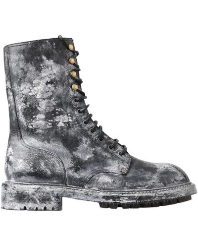 Dolce & Gabbana Black Grey Leather Mid Calf Boots Shoes Calfskin