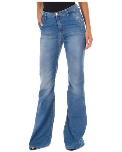 Met Long Denim Trousers Worn Effect With Flared Hems 70dbf0273 Woman Cotton - Blue