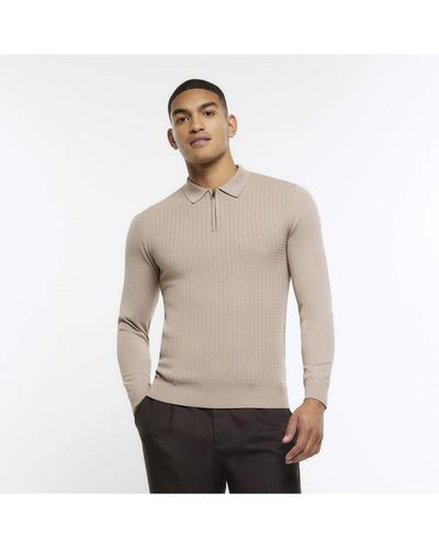 River Island Polo Stone Muscle Fit Cable Knit - Natural