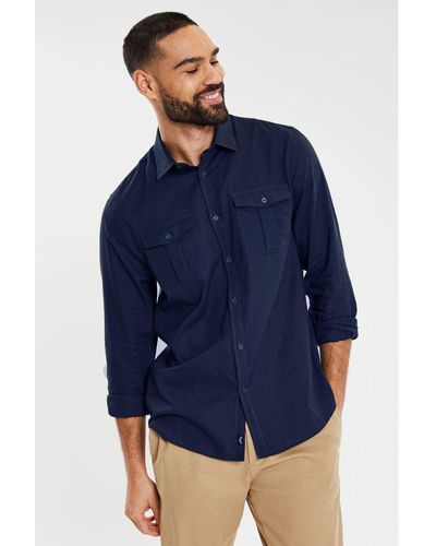 Threadbare 'Collins' Linen Blend Long Sleeve Shirt With Chest Pockets - Blue