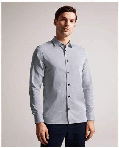 Ted Baker Alham Overhemd Met Lange Mouwen, Fijne Geometrische Print En Stretch Voor , Marineblauw - Wit