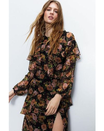 Warehouse Premium Floral Ruffle Detail Tiered Maxi Dress - Brown