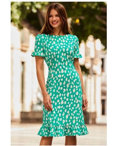 Sosandar Fleck Print Flutter Sleeve Jersey Dress - Green