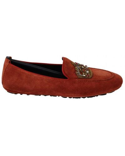 Dolce & Gabbana Orange Leather Crystal Crown Loafers Shoes - Red