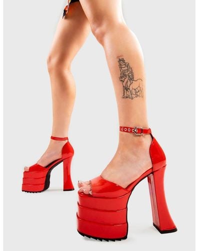 LAMODA Platform Sandals Strike Again Round Toe High Heels With Ankle Strap - Red