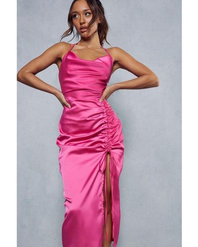MissPap Premium Satin Cowl Neck Ruched Side Midi Dress - Pink