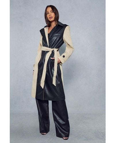 MissPap Contrast Woven Leather Look Panelled Trench Coat Cotton - Blue