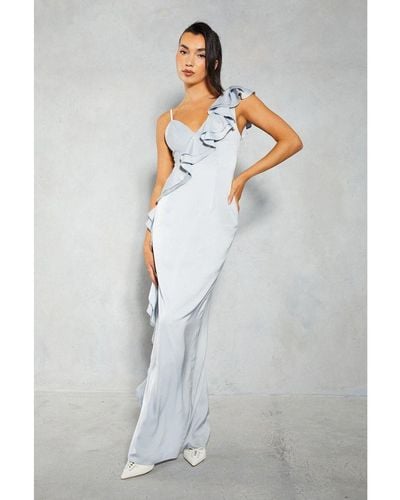 MissPap Premium Satin Frill Edge Split Leg Maxi Dress - White
