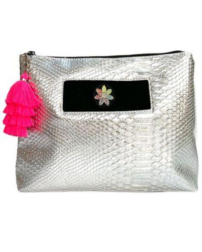 Apatchy London Silver Snakeskin Wash Bag With Retro Daisy & Neon Pink Tassel Faux Leather - White