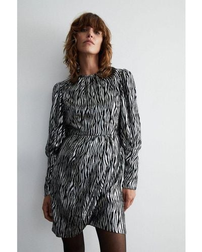 Warehouse Sparkle Animal Jacquard Wrap Mini Dress - Grey