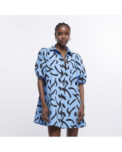 River Island Mini Shirt Dress Print Smock Cotton - Blue