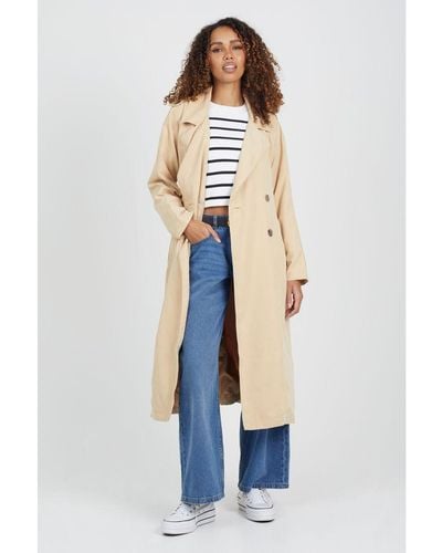 Brave Soul Camel Double-breasted Longline Trench Coat With Raglan Sleeves - White