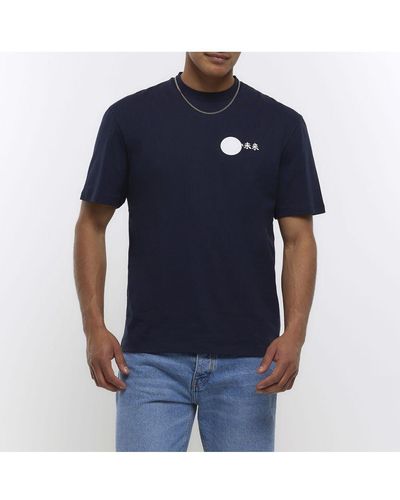 River Island T-shirt Navy Regular Fit Japanese Graphic Cotton - Blue