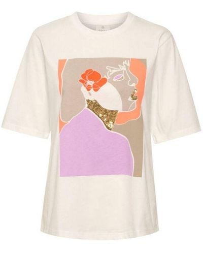 Kaffe T-shirt Kabloom Met Printopdruk En Pailletten Wit/paars/oranje - Roze