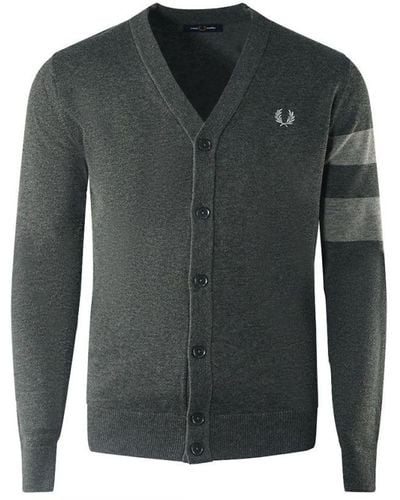 Fred Perry Tipped Sleeve Graphite Marl Grey Button-up Cardigan - Green