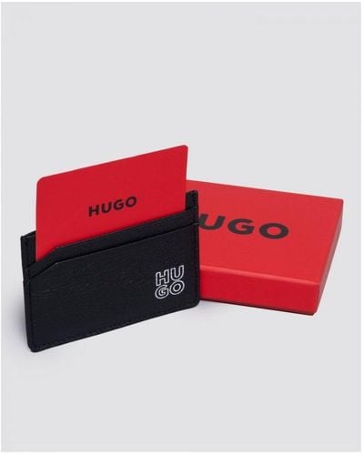 HUGO Accessories Grained Leather Card Holder With Stacked Logo In Black