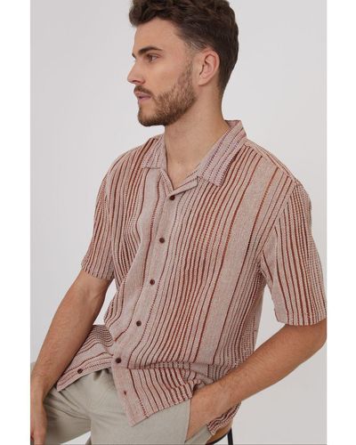 Threadbare Terracotta 'tobin' Cotton Open Weave Stripe Short Sleeve Shirt - Brown