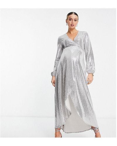 Flounce London Maternity Long Sleeve Wrap Maxi Dress - White