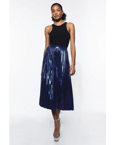 Warehouse Metallic Lame Pleated Midi Skirt - Blue