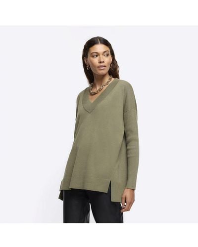 River Island Jumper Khaki V Neck Fine Knit Viscose - Green