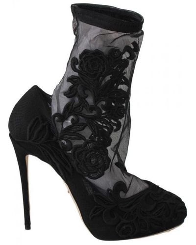Dolce & Gabbana Black Roses Stilettos Booties Socks Shoes Polyamide