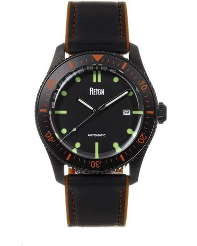 Reign Elijah Automatisch Met Rubber Ingelegd Horloge Met Leren Bandje Met Datum - Zwart