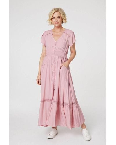 Izabel London Pink Button Front Maxi Dress With Pockets Viscose