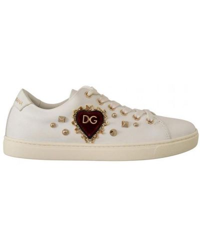 Dolce & Gabbana White Leather Gold Red Heart Trainers Shoes
