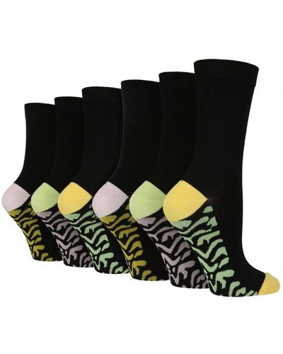Wildfeet 6 Paar Multipack Dames Bamboe Sokken | Dress Sokken Met Voetpatroon - Zebra Grn - Zwart