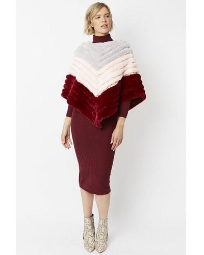 Jayley Faux Fur Suede Striped Poncho - Red