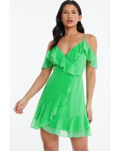 Quiz Chiffon Polka Dot Skater Dress - Green