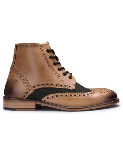 London Brogues Classic Oxford Tan Leather Gatsby Brogue Ankle Boots With Green Tweed - Brown