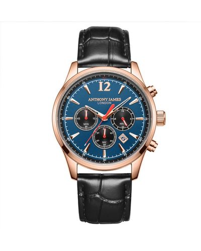 Anthony James Hand Assembled Classic Chronograph Rose Leather - Blue