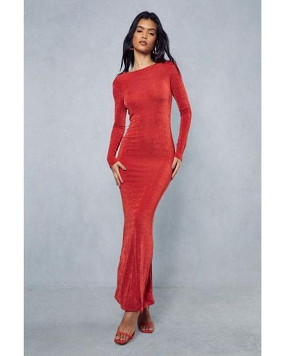 MissPap Acetate Slinky Deep V Back Long Sleeve Maxi Dress - Red