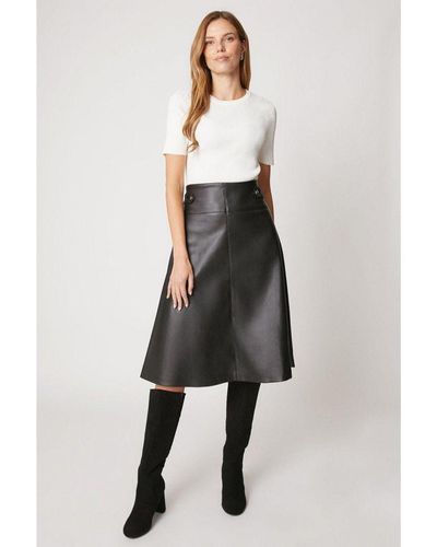 Wallis Black Tab Detail Faux Leather A Line Skirt - White