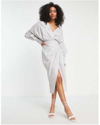 ASOS Drape Midi Dress With Wrap Bodice And Skirt - White