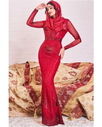 Goddiva Modesty Starburst Sequin Maxi Dress - Red
