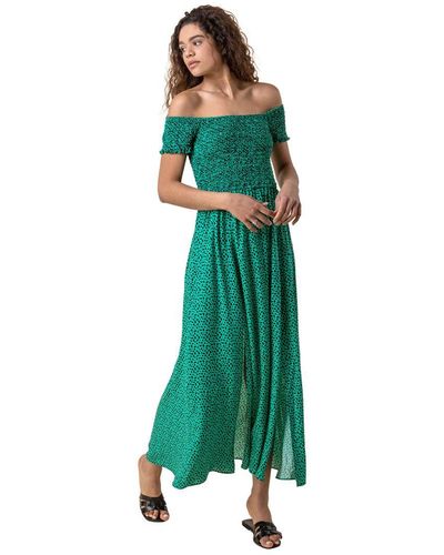 Roman Shirred Spot Print Bardot Dress - Green