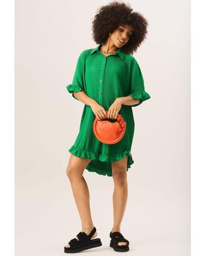 Gini London Plisse Frill Detail Oversized Shirt Dress - Green