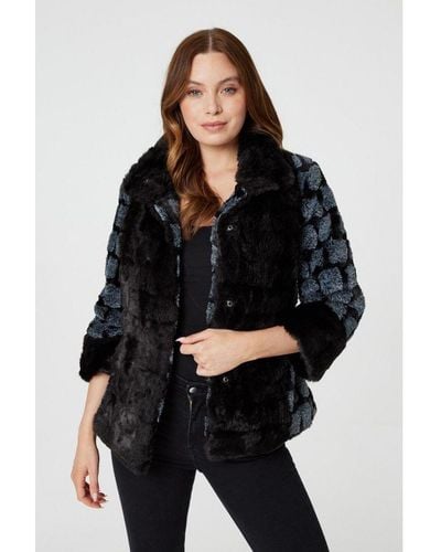 Izabel London Faux Fur 3/4 Sleeve Cropped Jacket - Black