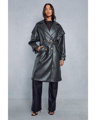 MissPap Textured Leather Oversized Longline Trench Coat - Blue
