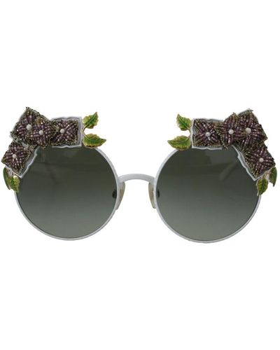 Dolce & Gabbana Floral Embellished Metal Frame Round Sunglasses - Green