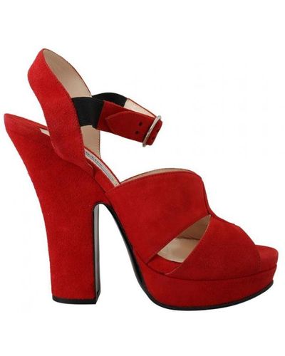 Prada Red Suede Leather Sandals Ankle Strap Heels Shoes