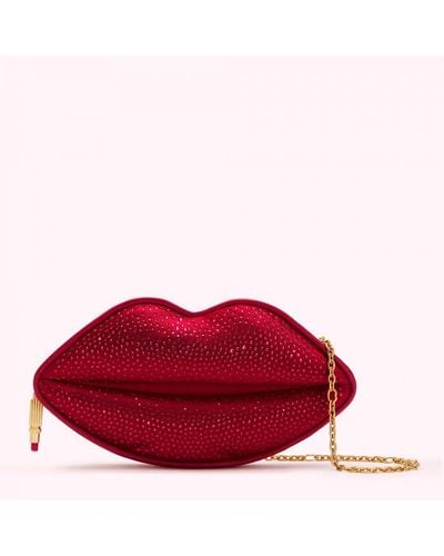 Lulu Guinness Red Medium Satin Lips Clutch Bag With Swarovski Crystals