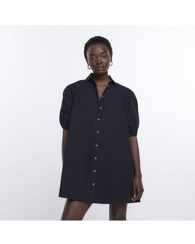 River Island Mini Shirt Dress Black Short Sleeve Cotton - Blue