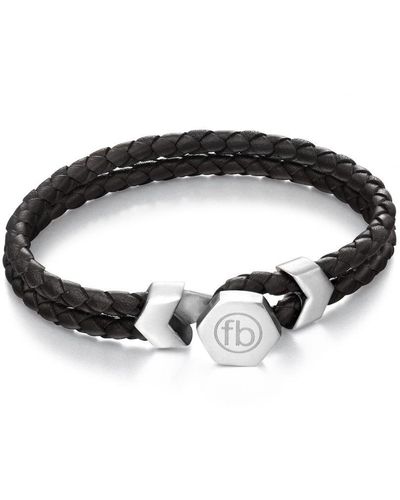 Fred Bennett Stainless Steel & Black Leather Woven Button Clasp Bracelet Of Length 21.5cm B4977
